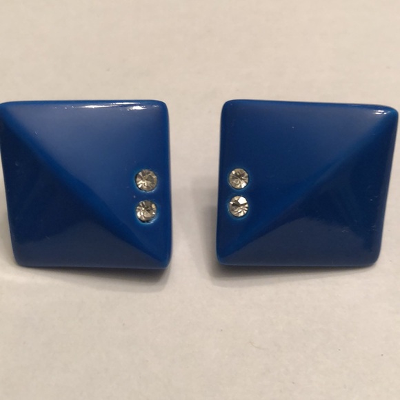 Vintage 80’s Royal Blue Earrings 7/8” Square Rhinestones Pierced Ears - #427 - Picture 1 of 8